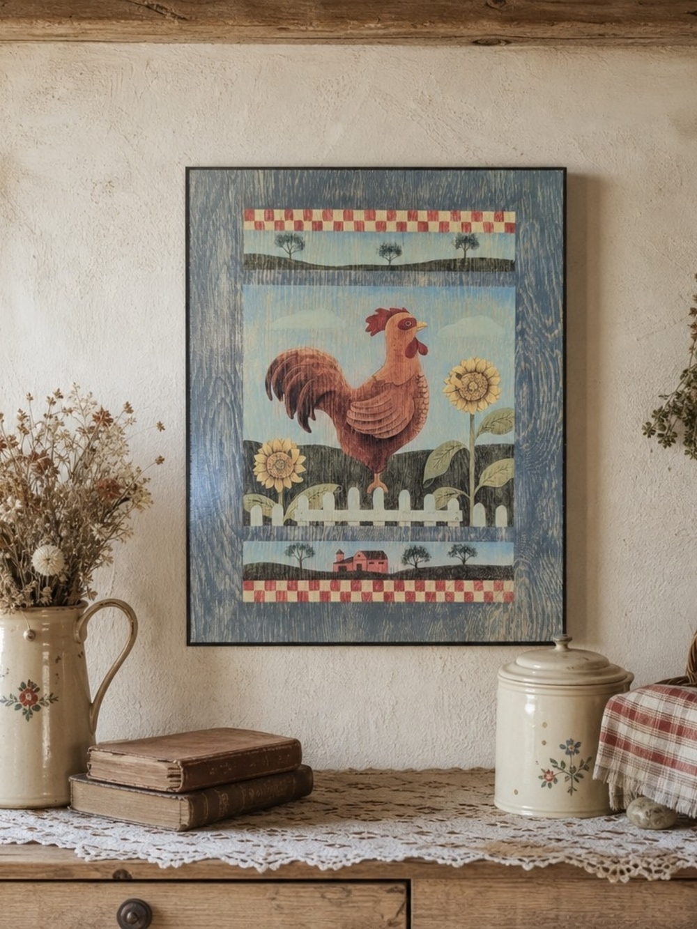Country Rooster Framed Wall Art - Blue, Red, Yellow